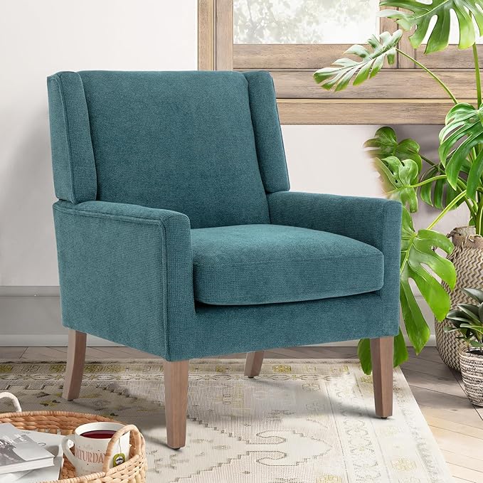 COLAMY Modern Wingback Living Room Chair Upholstered Fabric Accent Armchair Single Sofa Chair with Lounge Seat and Wood Legs for Bedroom/Office/Reading Spaces Teal