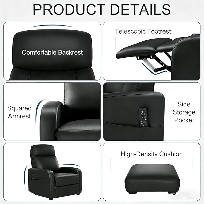 Simple Deluxe Massage Recliner Chair - Adjustable PU Leather Recliner Luxe Reading Chair &amp Sofa Chair for Living Room Chairs or Bedroom Chair Small Recliner for Home Theater Black