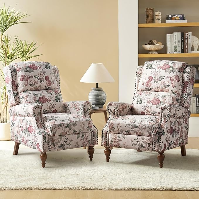 Pushback Recliner Chair Upholstered Floral Fabric Wingback Chair Single Sofa Accent Chair with Lumbar Support and Rivet Decoration for Living Room Bedroom Floral
