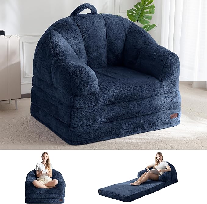 MAXYOYO Folding Sofa Bed 2 in 1 Convertible Sofa to Lounger Comfy Single Bean Bag Chair for Adults Floor Sleeper Couch with Handle Faux Fur Couch Bed for Living Room Bedroom Navy