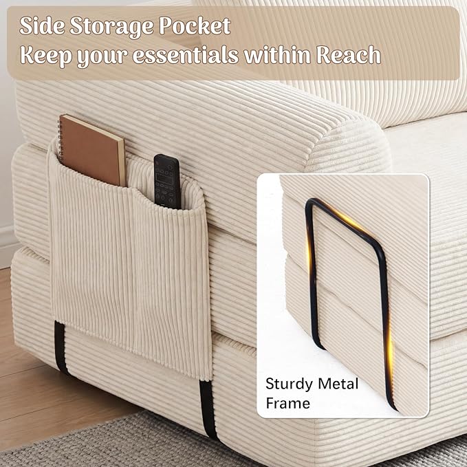Redlife 78 Folding Sofa Bed with Ottoman Modular Loveseat Sleeper Couch Convertible Floor Sofa Corduroy Fabric Wide Armrests 28.3 Deep Seat Removable Covers &amp Side Pocket No Assembly Bei