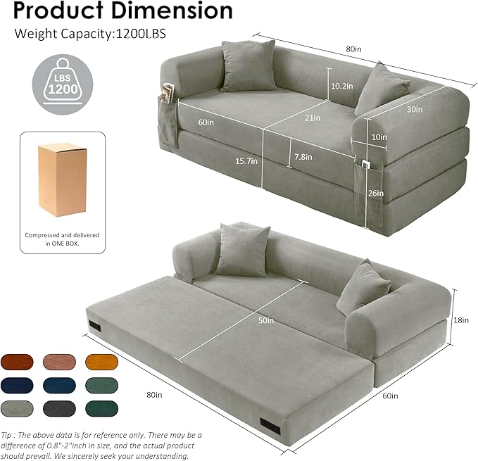 80 Convertible Sofa Bed No Assembly Modern Boneless Compression Sofa in Box 3-in-1 Corduroy Folding Pull Out Couch with Pillows Floor Couch with Side Storage Pocket for Living RoomLight Grey