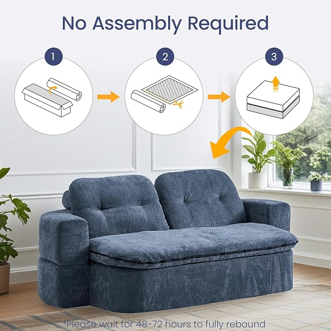 78.74 Convertible Sofa Bed Folding Loveseat Sleeper Sofa 2 in 1 Chenille Floor Couch Bed Foam Compressed Sofa with Pillows &amp Blanket for Living Room Apartment Studio Office (Dark Blue)