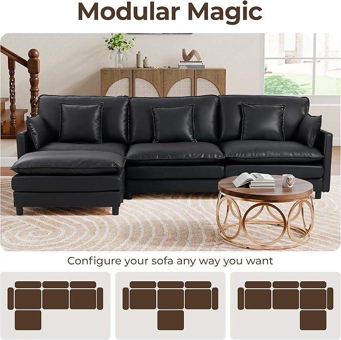 113'' L Shaped Cloud Couch 4-Seater Modular Sectional Sofa with Double Layer Upholstered Seat Cushion PU Deep Seat Couches with Ottoman &amp Pillows for Living Room Bedroom &amp Apartment Black