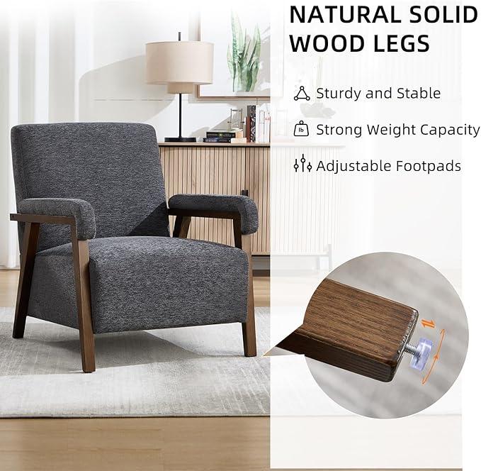 Mid Century Modern Accent Chair Upholstered Armchair with Thick Seat Cushion and Solid Wood Frame Thick and Comfy Innerspring Seat Cushion Short Plush Fabric Arm Chair for Living Room(2Dark Grey)