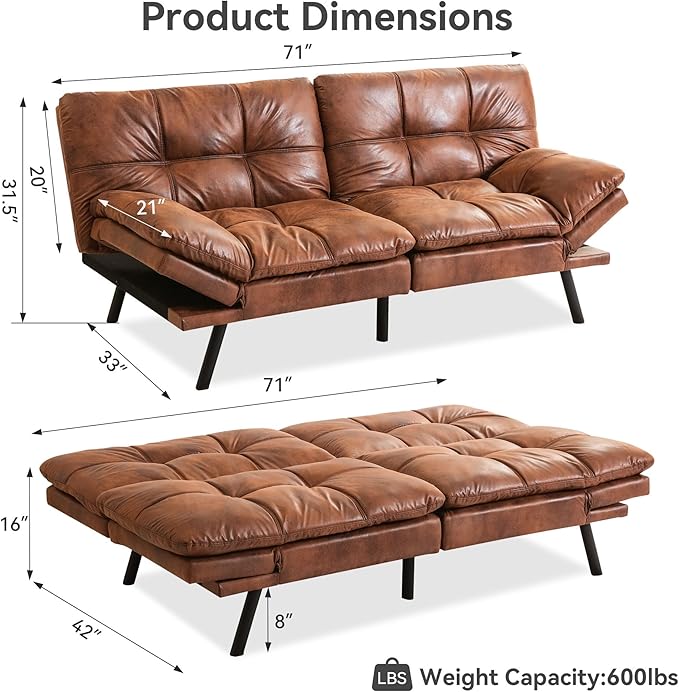 Convertible Futon Sofa Bed71 Modern Premium Faux Leather Futon Couch with Adjustable Backrest&ampArmrestSmall Loveseat Sleeper SofaDorm Futonsofa for ApartmentLiving RoomWhisky Brown