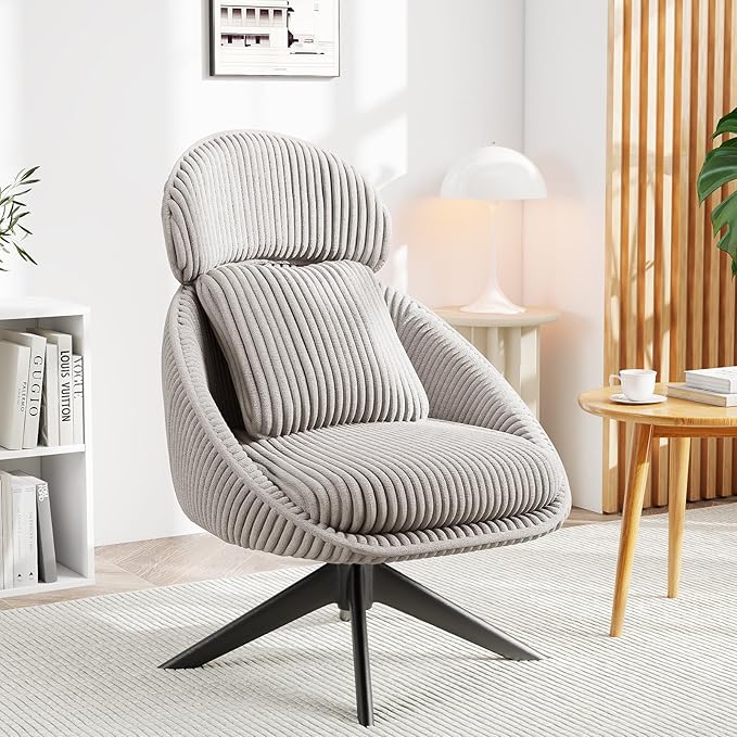 Furniliving Modern Living Room Chair Swivel Accent Chair for Living Room Desk Chair with Arms Bedroom Chair with Headrest Sofa Chair Side Chair with Pillow ArmchairCorduroy Grey