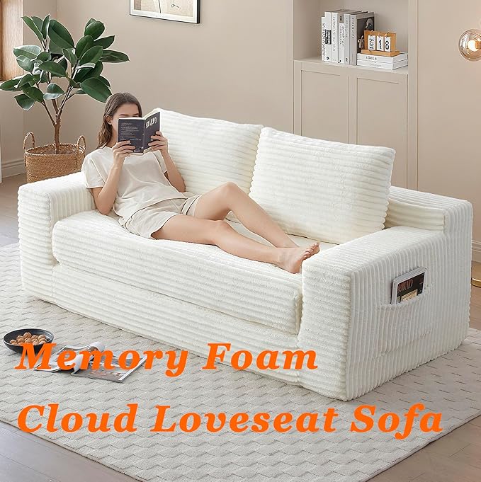 73 Cloud Loveseat Sofa Bed Beige - Boneless 2-Seater Couch No Assembly Convertible Folding 2-in-1 Design Small Space Corduroy Memory Foam Floor Lounge Couch for Bedroom Living Room (Beige)