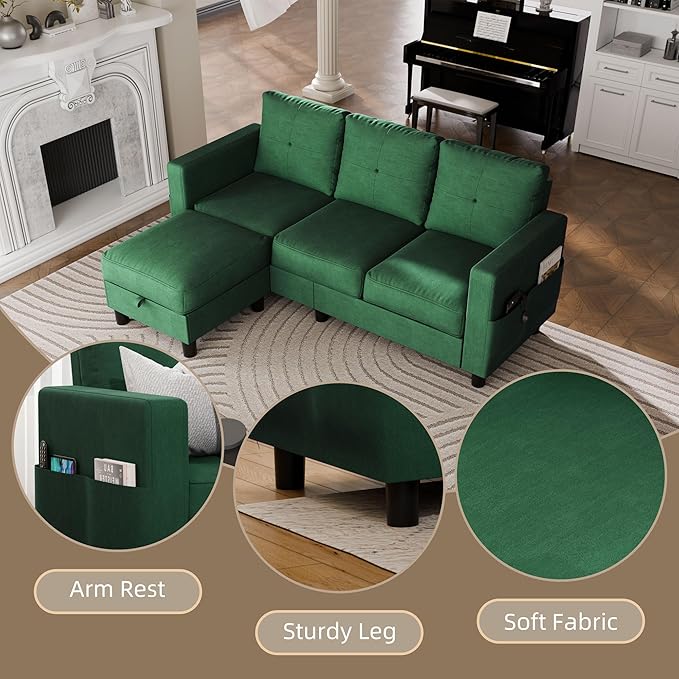 Nuturelly Sectional Sofa Couch Convertible L Shaped Sofas with Storage Ottoman Small Sectional Couches for Living Room 3 Seater Couch with Linen Fabric for Small Spaces Green