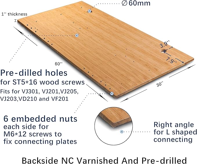 VWINDESK 60 x 30 x 1 Inch 100% Solid Bamboo Desk Table Top Onlyfor Standing Desk Home Office Desk with 60mm Grommets(Right Angle)