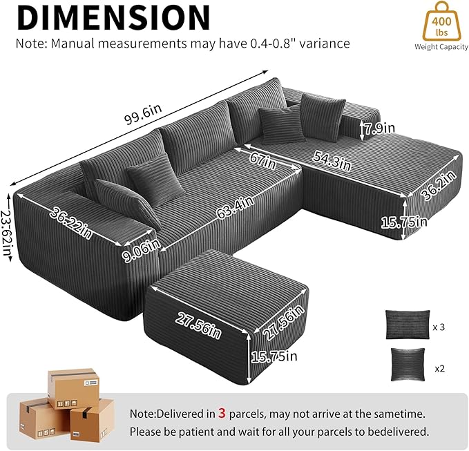 100 Cloud Modular Sectional Sofa U Shaped Couch Deep Seat Chaise Sectional Sofa for Living Room Modern Minimalist Upholstered Boneless Couch No Assembly Required Gray Right-Facing Chaise
