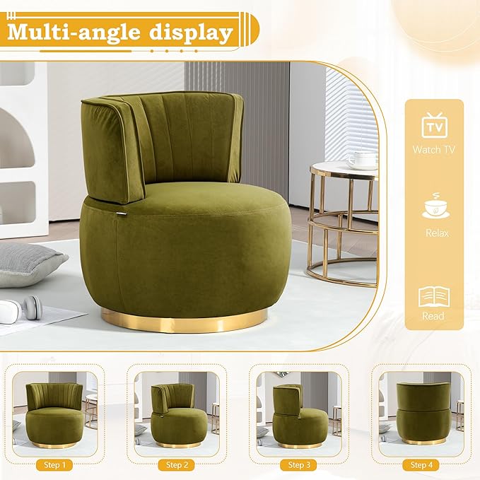 SLEERWAY 360° Swivel Barrel Chair Modern Velvet Round Accent Chair Comfy Upholstered Small Armchair with Gold Metal Base for Living Room Bedroom Nursery Office Sillas para Sala Olive Green