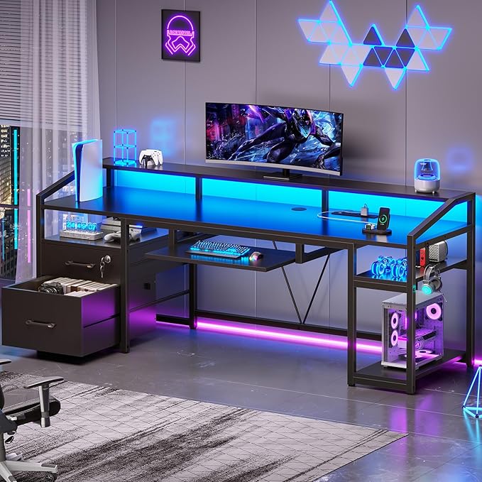 SEDETA 63 Computer Desk Office Desk with Lockable Drawers for Legal/Letter File Gaming Desk with LED Lights &amp Power Outlet Home Office Desks with Storage Black