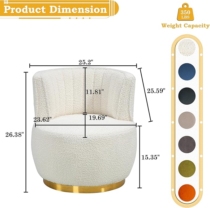 SLEERWAY 360° Swivel Barrel Chair Set of 2 Modern Teddy Round Accent Chair Comfy Upholstered Small Armchair with Gold Metal Base for Living Room Bedroom Nursery Sillas para Sala Cream White
