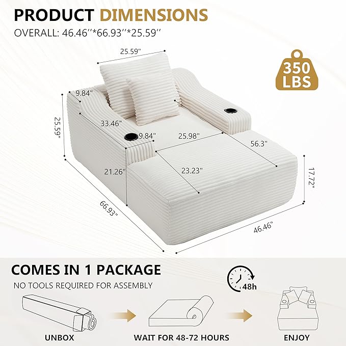 PELUMY 67 Oversized Chaise Lounge Sofa Bed Corduroy Boneless Sleeper Sofa with 2 Pillows &amp 2 Cup Holders Plush Cloud Couch for Living Room No Assembly Required (White)