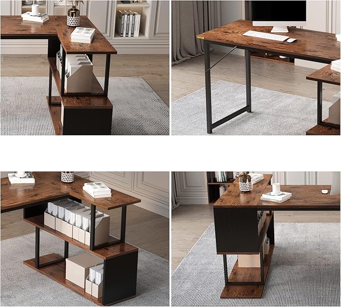 48.8in Compact L-Shaped Computer Desk with 2-Tier Storage Shelf Sturdy Construction Ideal for Home Offices and Gaming Rooms Brown