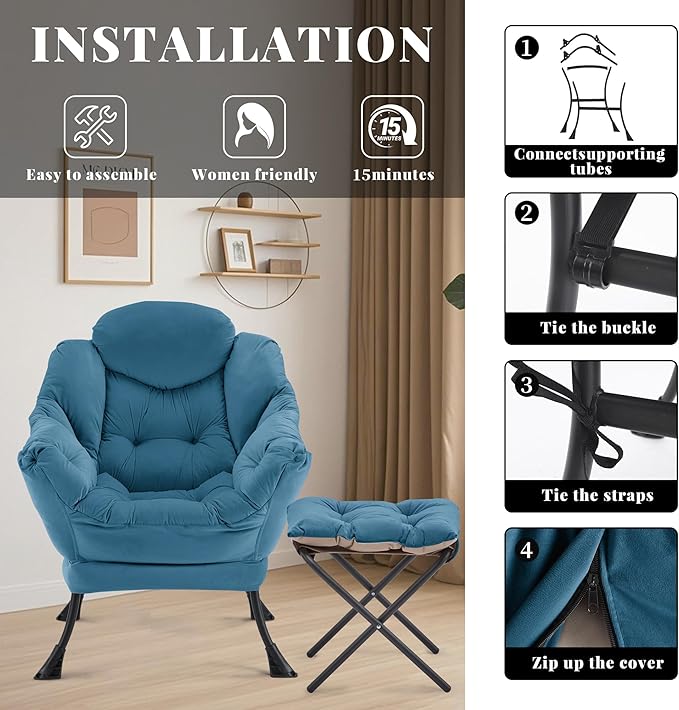 Lazy Chair with Ottoman Comfy Accent Lounge Chair with Side Pocket Modern Reading Armchair with Footrest Upholstered Sofa Chair for Small Spaces Bedroom Living Room Dorm Blue