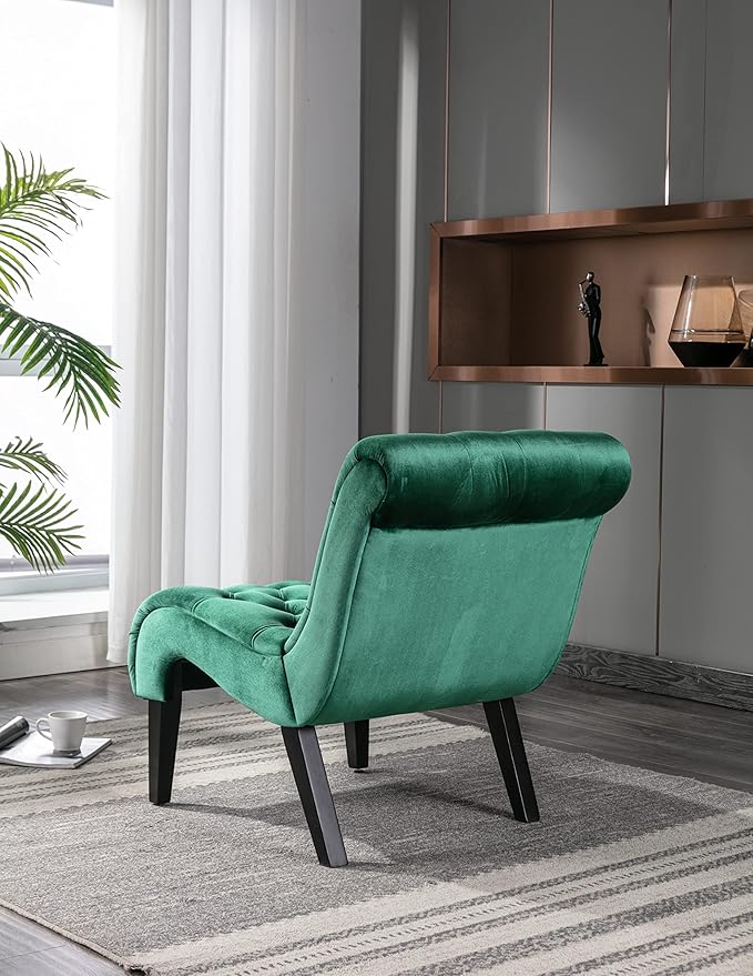 Modern Velvet Armless Accent Living Room Chair Leisure ChairUpholstered Fabric Button Comfortable Chair with Wooden Legs for Bedroom Living Room Office (Green Velvet)