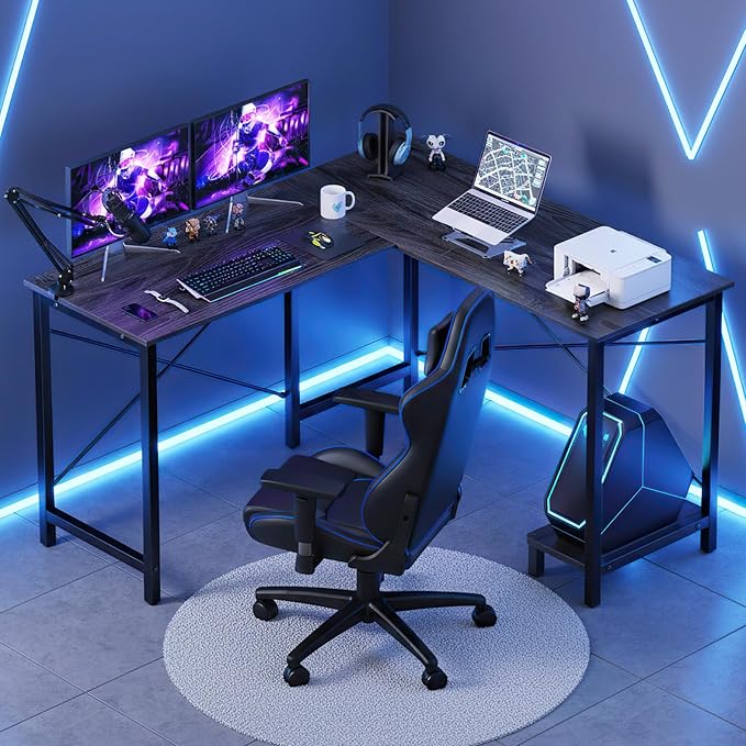 DUMOS L Shaped Desk Computer Gaming Corner Table 50 Inch Home Office Writing Student Work PC Workstation with Side Storage Bag CPU Stand for Bedroom Small Spaces