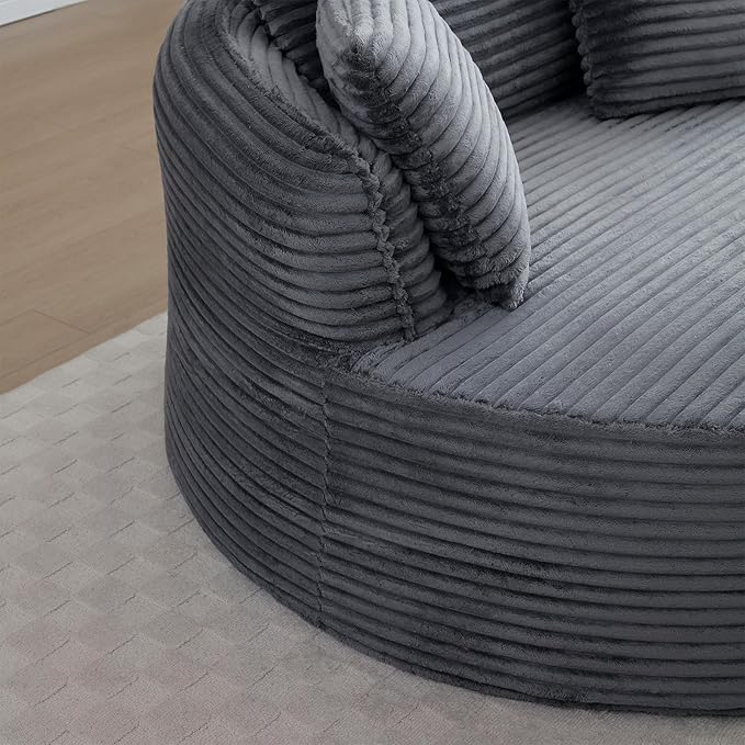 Antetek 53-inch Round Chaise Lounge Chair Indoor Modern Cloud Single Corduroy Couch with 3 Pillows Boneless Compressed Memory Foam Sofa Chair for Living Room Bedroom Apartment Grey
