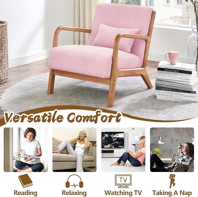Midcentury Modern ChairWooden Pink Accent Chair with PillowCorduroy Arm Chair for Living RoomBedroomSmall Rooms (Pink)