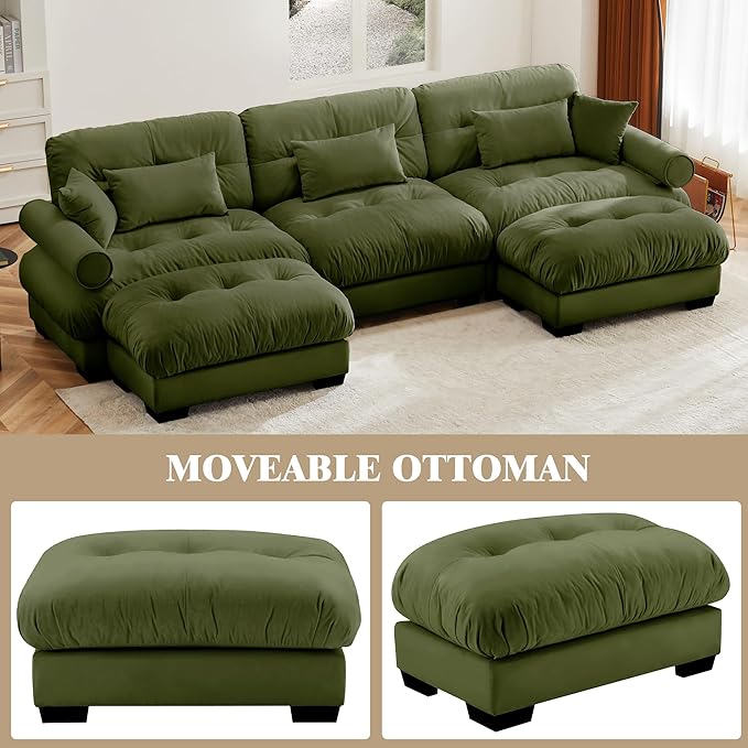 Oversized Modular Velvet Sectional Cloud Sofa Couch with Movable OttomanCorner Sofa with Comfortable Armrests Deep Seat Convertible L or U Shaped Couch (Olive Green 3 Seat+ 2 Ottomans)