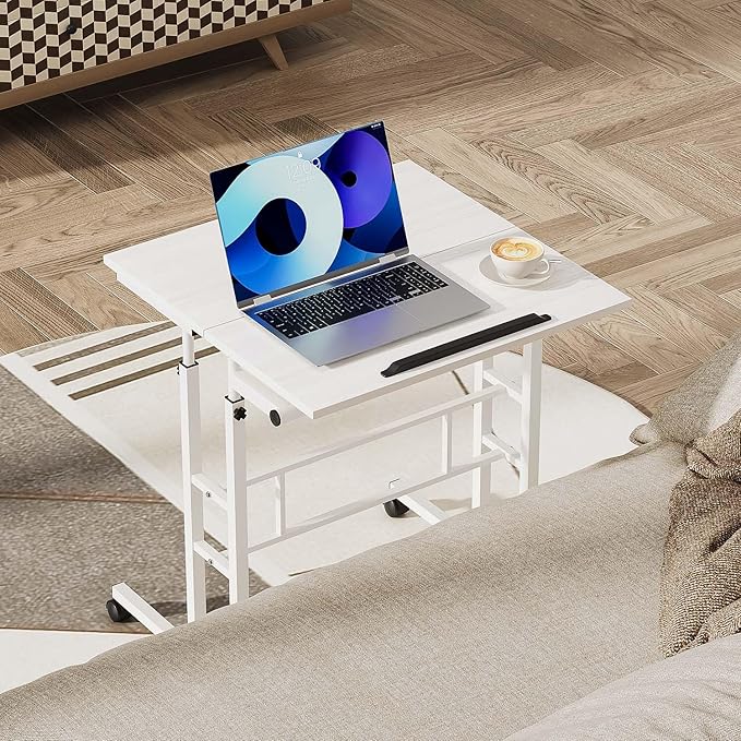 Small Standing Desk Adjustable Height and Angle Computer Laptop Desk Home Office Sit Standup Desk Portable Rolling Desk with Wheels 2 Platforms White