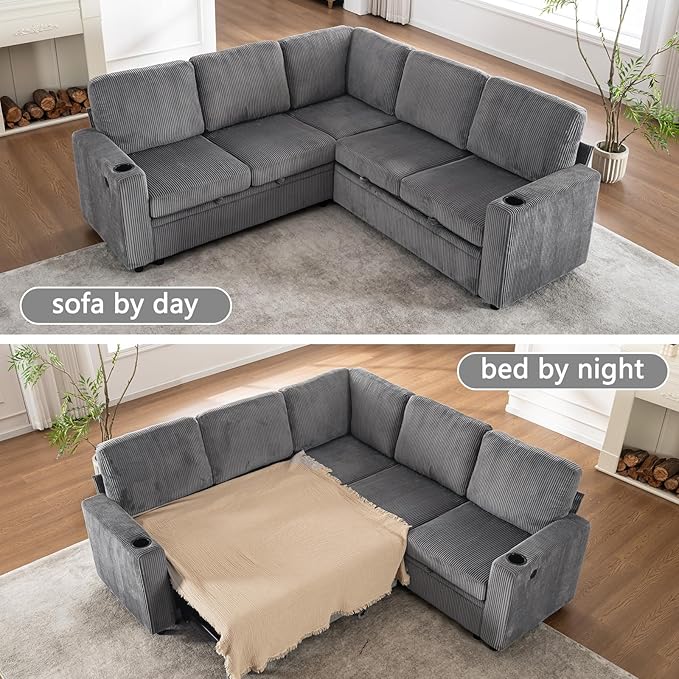 83 Modular Sectional Sleeper Sofa with Pull Out Bed Plush Corduroy L-Shaped Corner Couch with Storage USB Charger Cup Holders 5-Seater Sectional Couches for Living Room Apartment Grey
