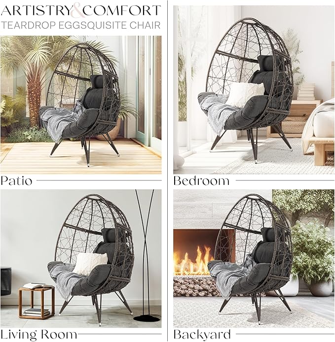 Bme Heavy Duty 400 lbs Capacity Wicker Egg Chairs for Outside &amp Indoor Premium Soft Thick Olefin Fabric Cushion &amp UV 2000 Hours Material Teardrop Design Durable Against Water Weather