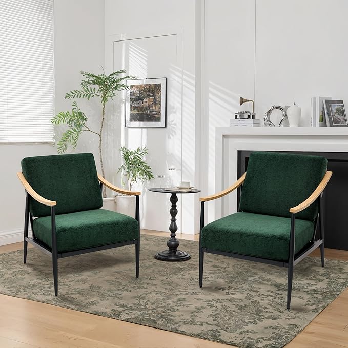 Modern Accent Chair for Living Room Bedroom Mid Century Arm Chair Upholstered Office Accent Chair Comfy Waiting Room Chair with Metal Frame Green