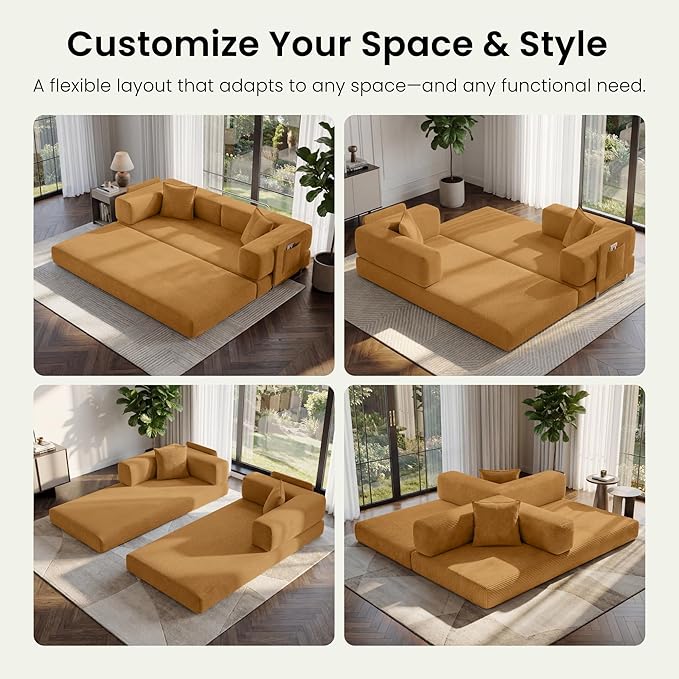 Convertible Floor Sofa Couch | 98.4’’ Folding Futon Sofa with Storage Pocket Oversized Corduroy Loveseat Sleeper Sofa with Pull Out Bed Modular Sectional Sofa for Apartment | Yellow