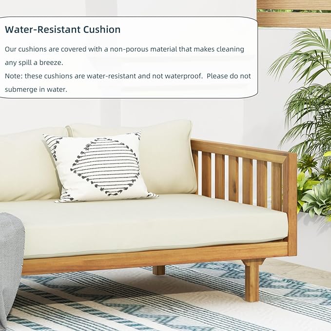 Merax Solid Acacia Wood Couch Chaise Lounge Chair Indoor 3 Seater Daybed Sofa Couches with Cushions &amp Pillow Heavy Frame Day Bed for Living Room Office Outdoor Balcony Patio Water Resistant