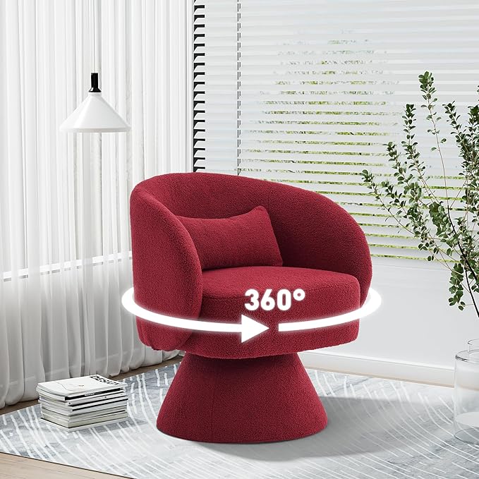 Swivel Barrel Chair Set of 2 Upholstered Swivel Cuddle Accent Chairs for Living Room Comfy 360°Small Round Boucle Sherpa Barrel Armchair for Bedroom Nursery (Red Teddy)