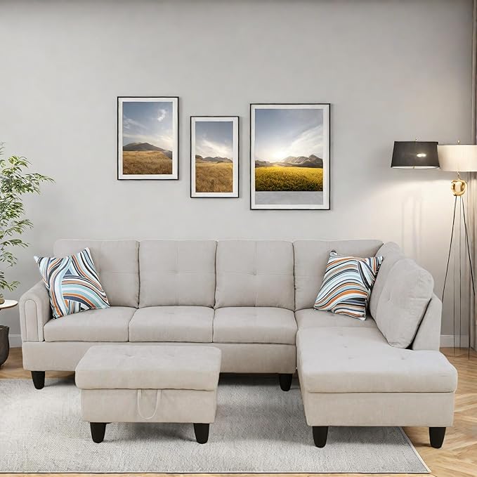 FONTOI L Shaped Sectional Couches Modern Modular Sectional Sofa for Living Room Bedroom Furniture Cozy 4 Seat Couch with Ottoman Storage &amp Chaise Gray White