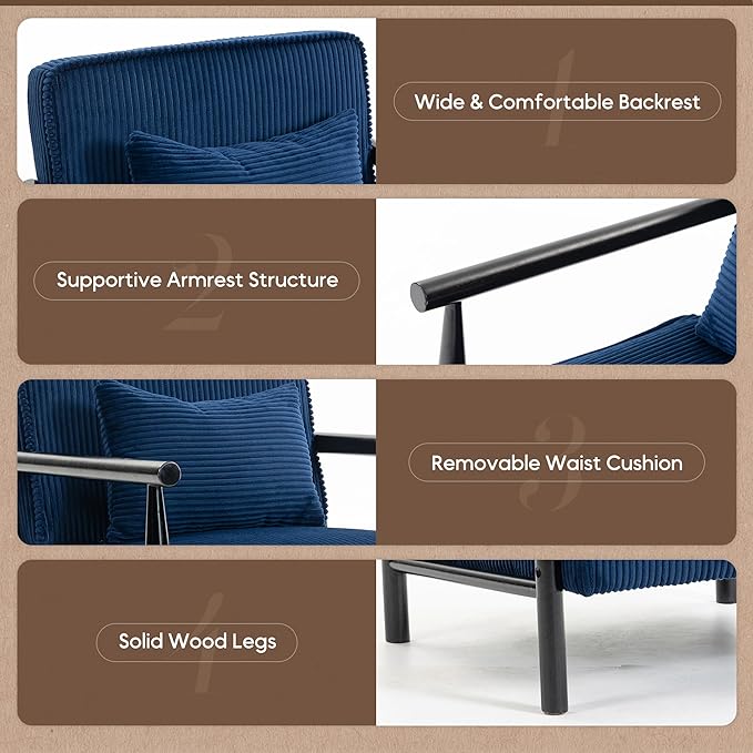Yoglad Accent Chair with Storage Corduroy Fabric Reading Chair with Wood Frame Mid Century Modern Storage Armchair for Living Room Bedroom Apartment(Antique Blue)
