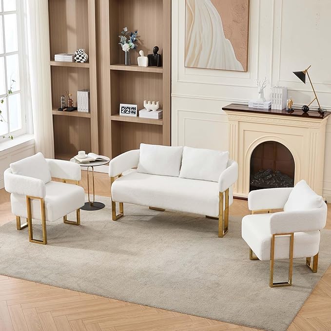 Teddy Fabric Accent Chair Modern Side Chair with Gold Metal Legs 51 Inch Wide Upholstered Loveseat for Living Room Dressing Area Office (White+Gold)