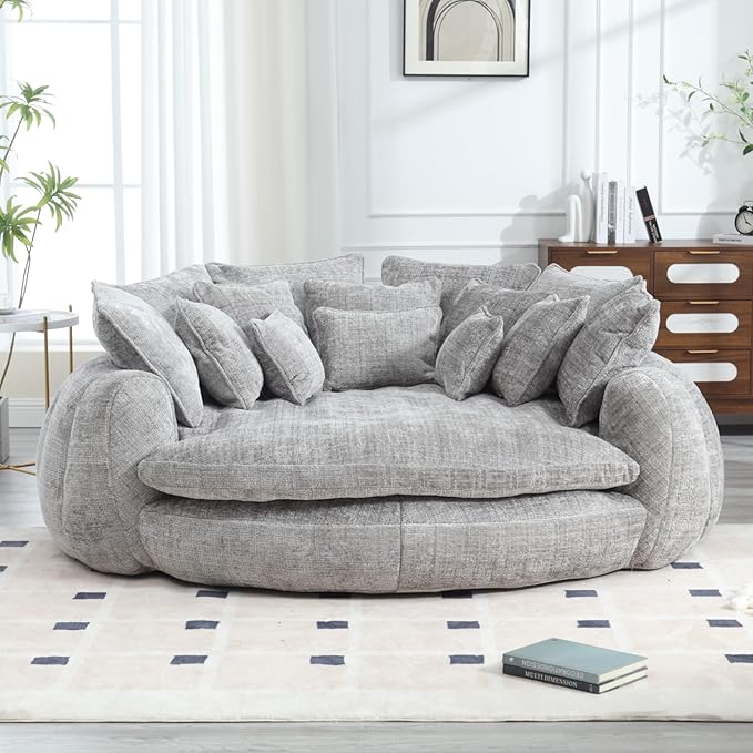 81.1 Oversized Round Chaise Lounge Chair Extra-Wide 2-Person Accent Chair with 14 Pillows Comfy Cloud Sleeper Sofa for Living Room (Grey)