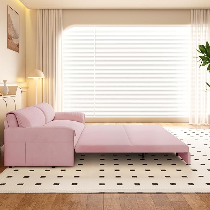 70.1 Queen Pull Out Sofa Bed 3-in-1 Convertible Sleeper Sofa with 2 Soft PillowsMulti-Functional Velvet Loveseat Bed (Pink 66)