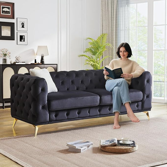 82.5-inch 3 Seater Couch Oversized Chesterfield Vintage Mid Century Modern Velvet Fabric Upholstered Button Tufted Deep Seat Sofa Couch with 2 Throw Pillows for Living Room Office Apartment Black
