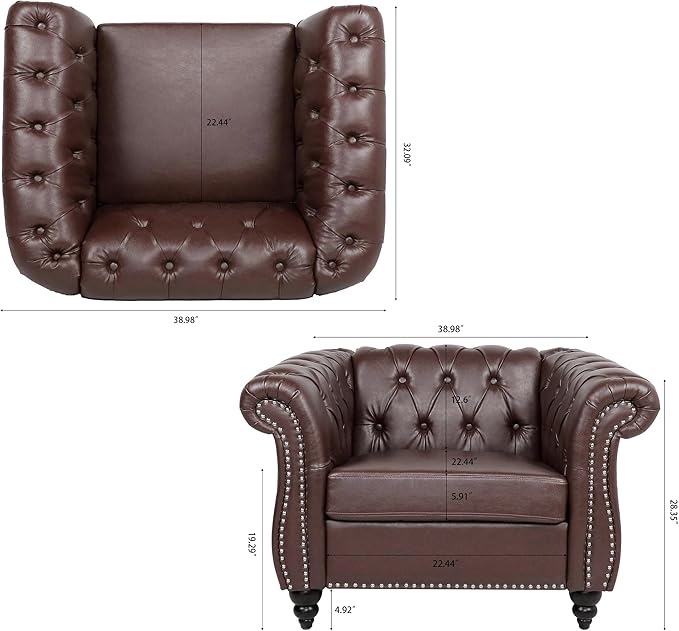 Leather Chair Living Room Single Sofa Medieval Retro Tufted Cushion Accent Sofa Chair with Rolled Arms and Nailhead Cigar Chair for Bedroom Office Apartment Club Chairs (Dark Brown)