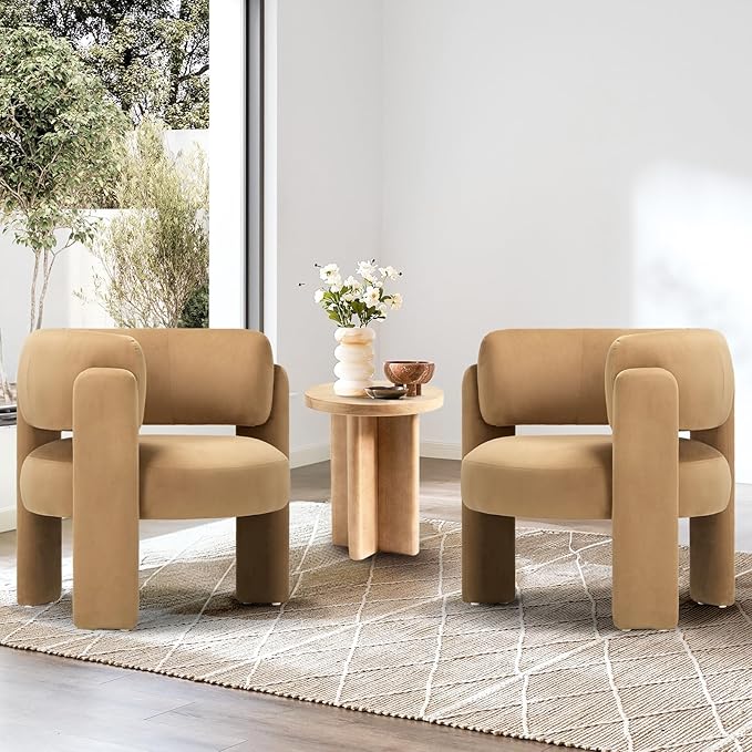 COLAMY Modern Velvet Accent Chairs Set of 2 Upholstered Barrel Chairs Comfy Side Arm Chairs with 3 Legs for Living Room Bedroom Reading Khaki