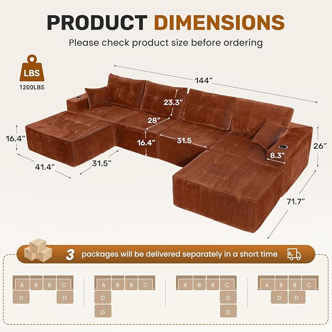 143 Modular Sectional Sofa for Living Room Convertible U-Shape Couch with OttomanModular Sectional SofaReddish Brown Corduroy