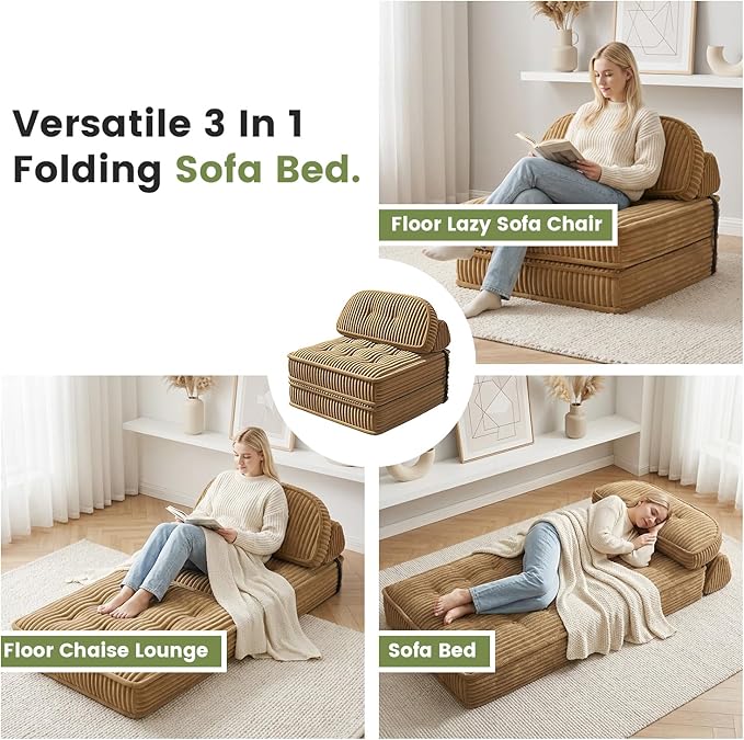 Foldable Sofa Bed in A BoxPortbale Compressed Chair BedCorduroy Convertible Twin Sleeper ChairFull Foam Fold Out Chaise Lounge for Living RoomBedroomApartment (Camel)