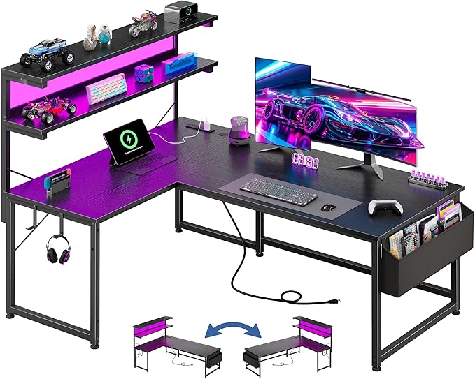 L Shaped Desk Gaming Desk with LED Light &amp Power Outlet 43.3 Inch Reversible L Shaped Computer Desk with Shelf &amp Storage Bag &amp Hook for Home Office Black