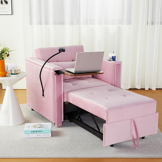 AVZEAR 4-in-1 Convertible Single Sofa Chair Bed with Pillow Multi-Functional Sleeper Chair with Adjustable Backrest Modern Velvet Sleeper Chair Bed for Living Room Apartment Small Space Pink