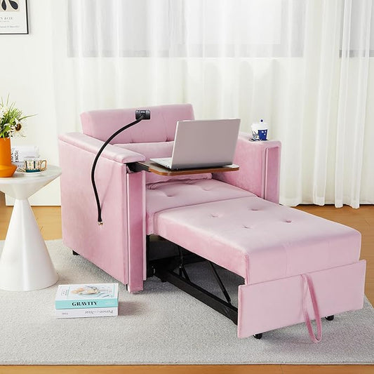 Velvet Convertible Chair Bed 3 in 1 Multi-Functional Lounge Chair Sleeper Pull Out Couch Guest Bed with Hidden Table and Adjustable Backrest for Living Room Small Space Apartment (Pink)