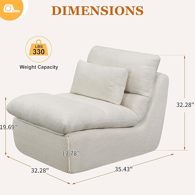Boneless Single Sofa – 32” Teddy Plush Frameless Lounge Chair with High-Density Foam Support – No Assembly Cloud Couch for Living Room Bedroom &amp Apartment (White)