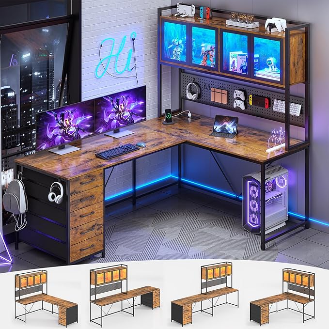 SEDETA L Shaped Gaming Desk with Drawers L Shaped Computer Desk with Hutch and Storage Shelves Gaming Desk with Pegboard Led Lights and Power Outlet Home Office Desk Corner Desk Rustic Brown