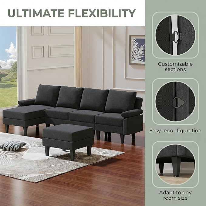 4-Seat U-Shaped Modular Sofa with Double Storage Ottoman - Space-Saving Convertible Lounge Couch for Home &amp Office Black