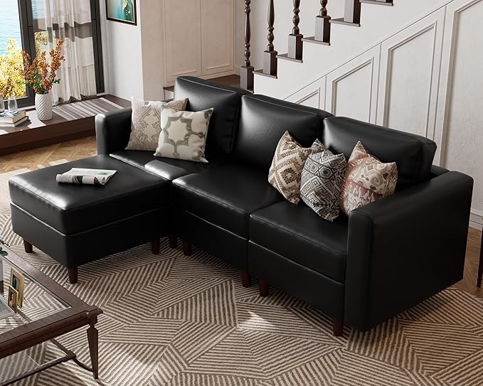 ABCASA Faux Leather Modular Sectional Sofa 91.5 L Shaped Couch Set for Living Room 3-Seater Comfy Cloud Couches with Movable Storage OttomanDIY Combination - Black